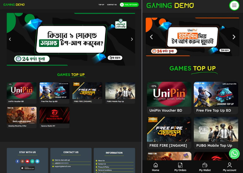 (Demo-5) FreeFire, PUBG, Games TopUp, Voucher, Gift Card Selling Website Code (Backup File)